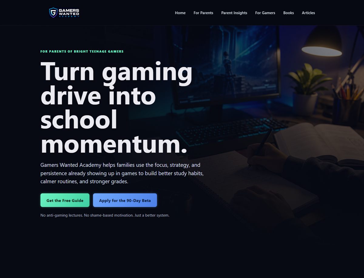 Screenshot of the Gamers Wanted Academy homepage