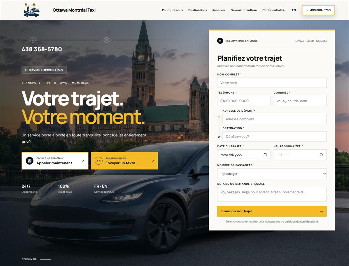 Screenshot of the Ottawa Montreal Taxi booking website