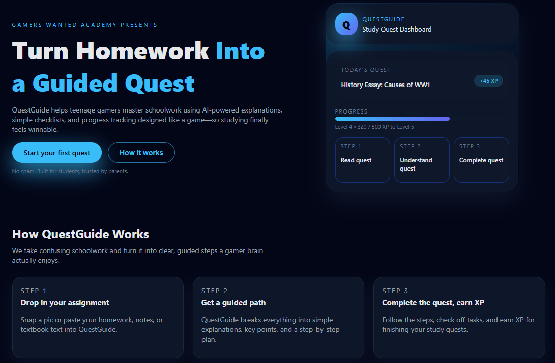 Screenshot of the QuestGuide study quest dashboard