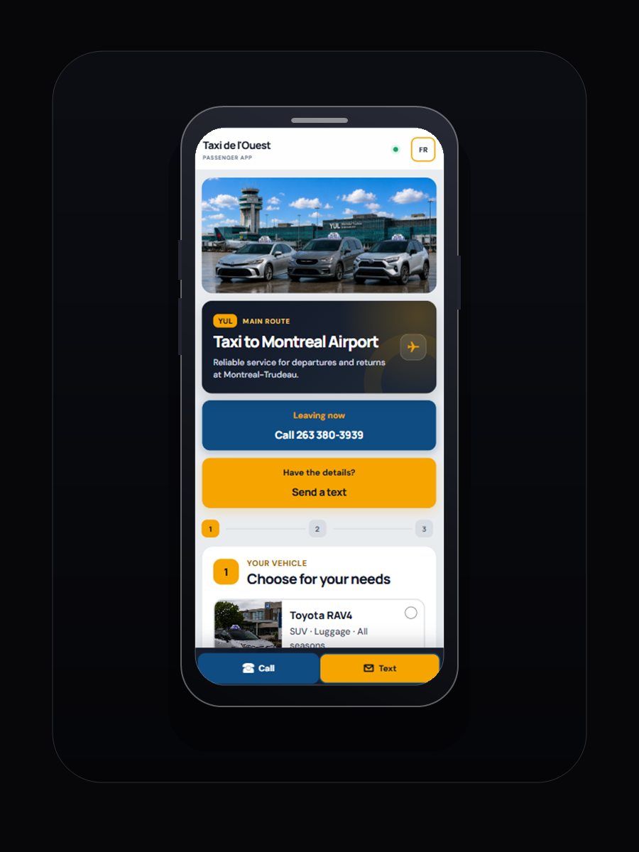 Taxi de l'Ouest passenger app shown inside an Android phone mockup